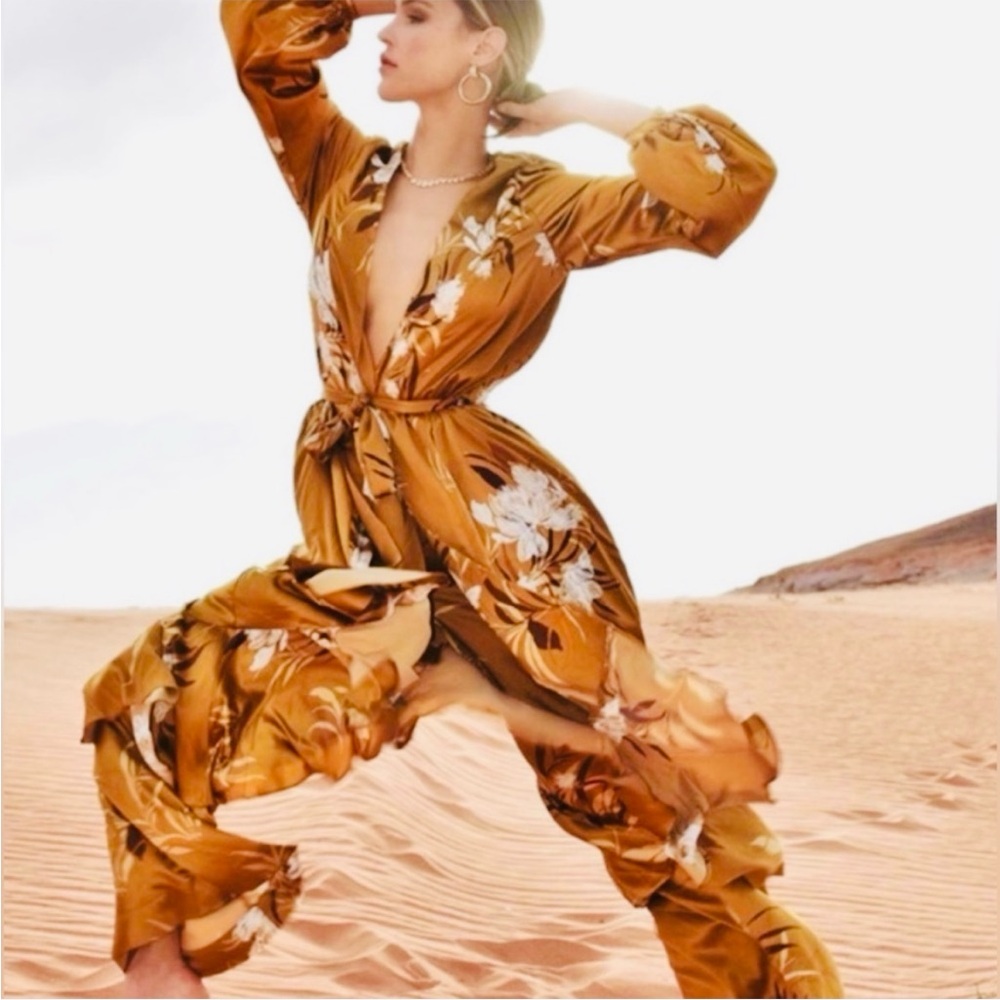 Rocky Barnes for Express floral, satin flowing gown and paper bag pants XS